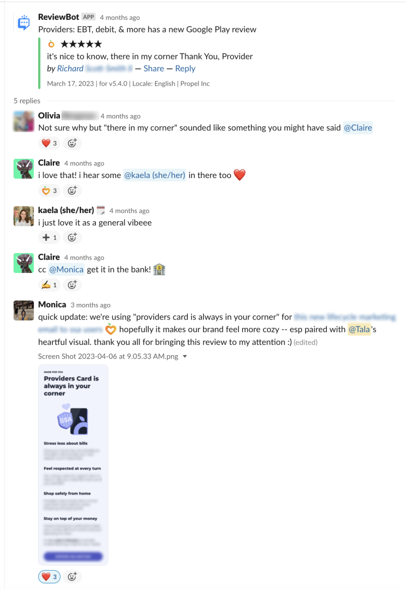 Slack conversation thread about using language from user feedback in a marketing campaign.