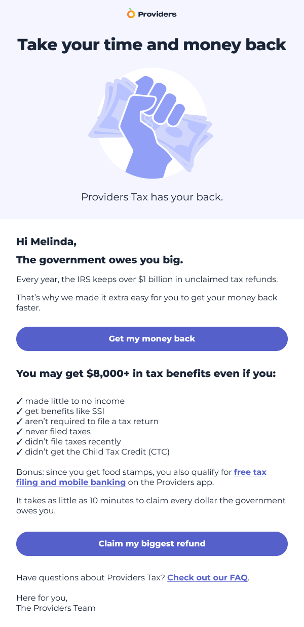 Providers Tax Launch Campaign Email