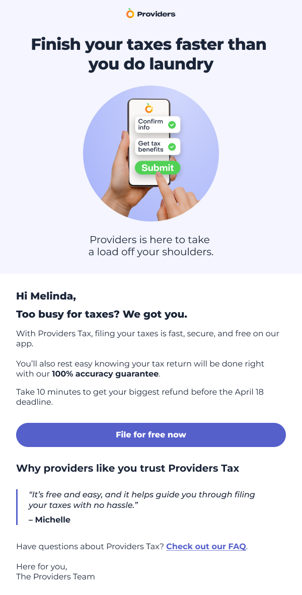 Providers Tax Launch Campaign Email